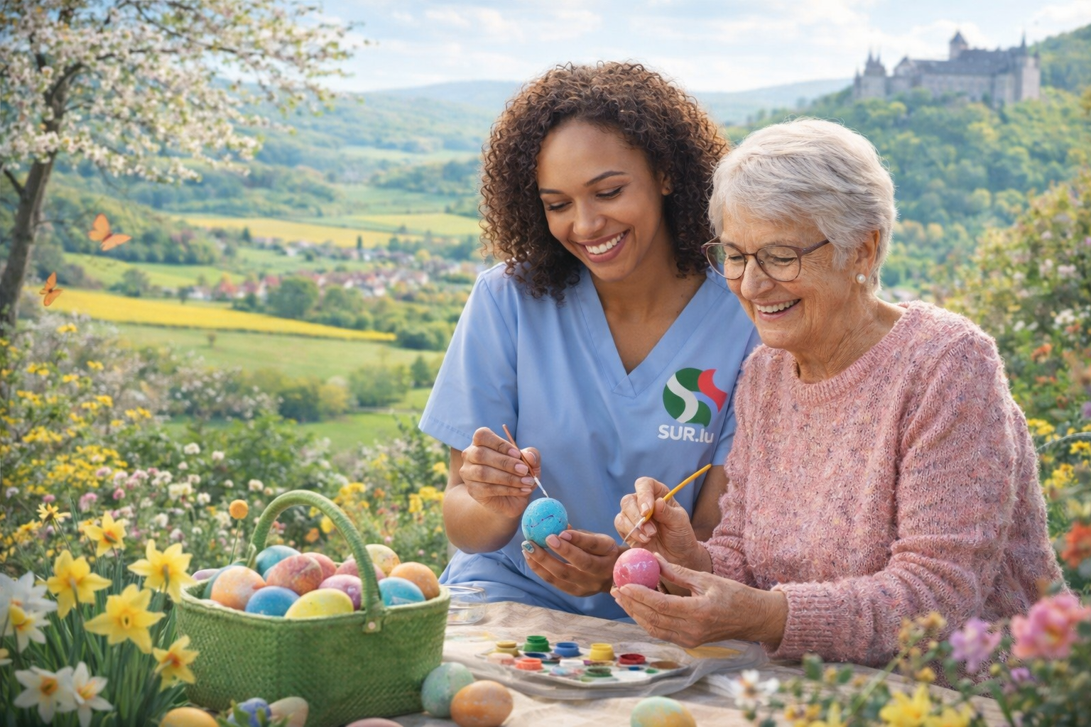 Infirmière de soins à domicile célébrant Pâques avec une personne âgée au Luxembourg